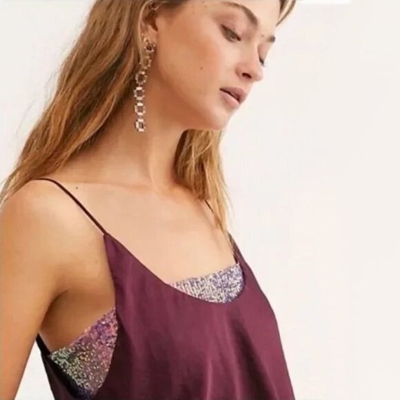 NWOT Free People plum purple satin-like camisole with sequin accent, S - Picture 6 of 11